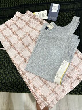 Target Pink Plaid Drawstring Pants with Gray Rib Tank Top